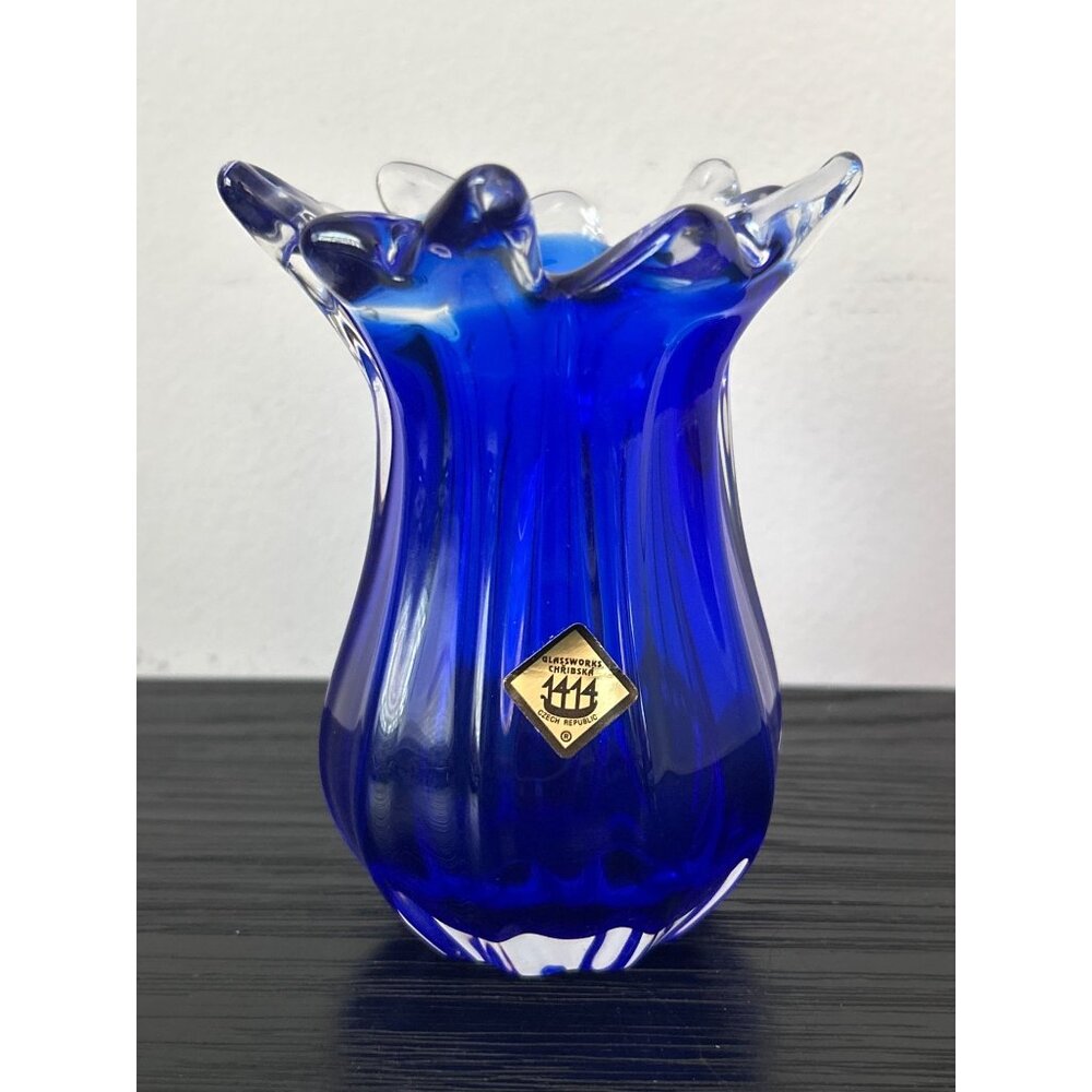 5" Cobalt Blue Vase Chribska Glassworks in Czech Republic Flared Rim Hand-Blown